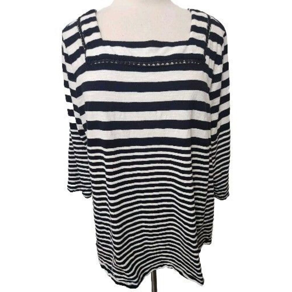 Style & Co Womens Knit Top 3X Black White Stripe Pullover Stretch 3/4 Sleeve